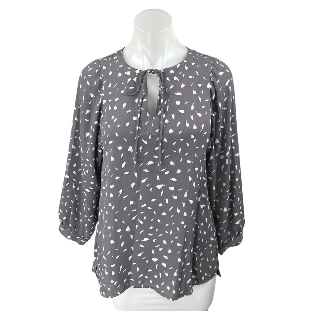 Ann Taylor Loft Gray Printed Long Sleeve Keyhole Tie Neck Blouse Top Size XS